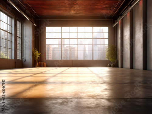 Front view of sunny empty loft interior room with concrete floor. Generative AI