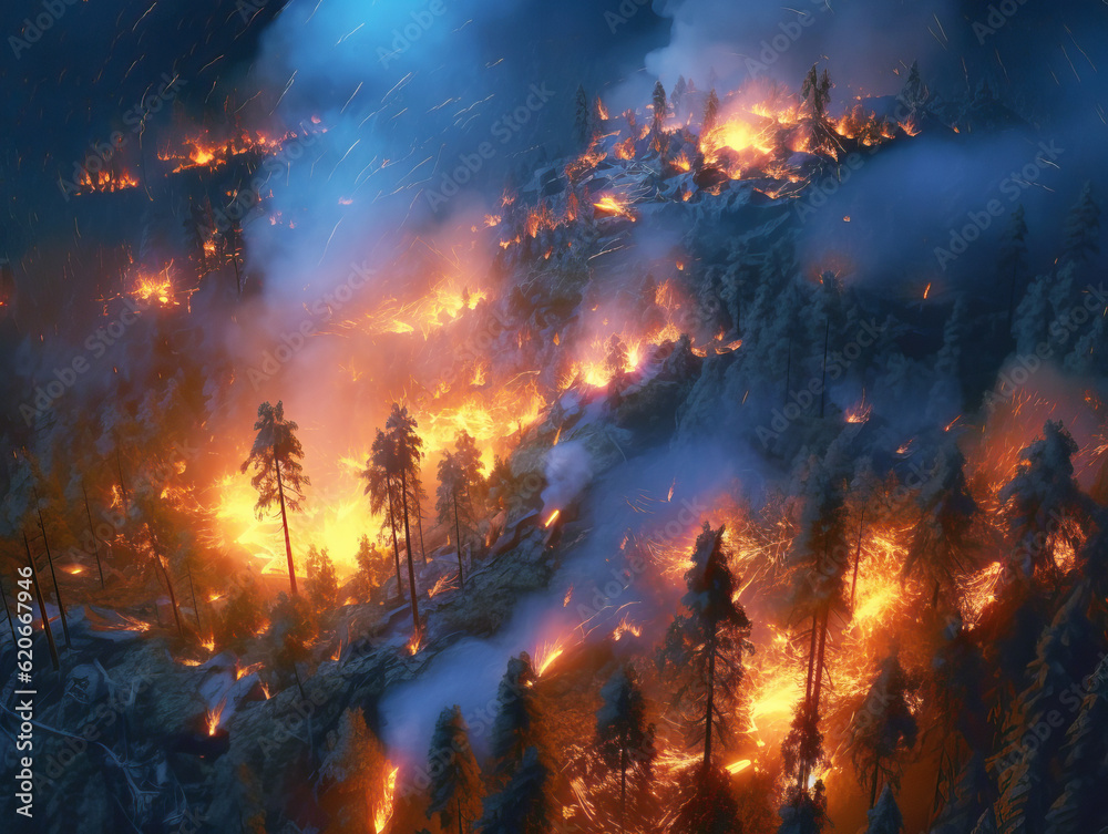 Mountain forest on fire background. Generative AI