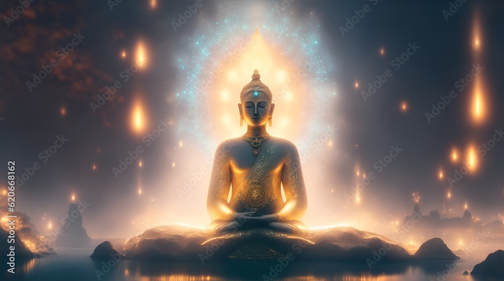 pharaoh of egypt woman in gold robes and bioluminescence sculpture of meditating buddha with a bioluminescent crown behind her head