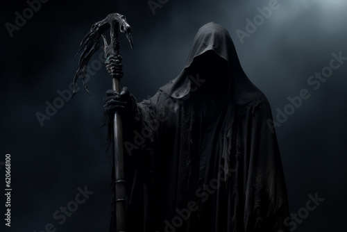Creepy halloween grim reaper figure wearing a black rope against a dark background