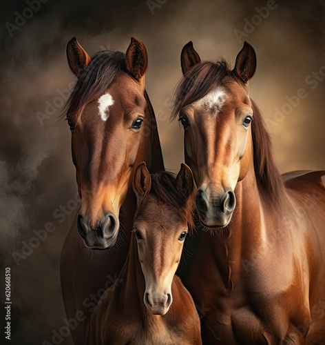 portrait of a horse couple with their child. Illustration by ai generative