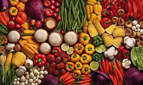  a large assortment of vegetables and fruits and vegetables are arranged together.  generative ai