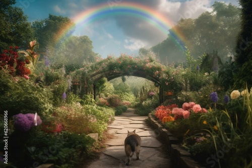 Heavenly garden for pets with rainbow bridge and ethereal clouds. Symbolizes afterlife for animals. Generative AI