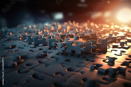 Image of jigsaw pieces fitting together to symbolize business success through partnership and teamwork. Rendered in 3D. Generative AI
