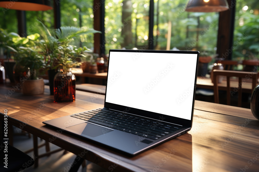 Laptop with a blank screen placed on a table. Generative Ai, Ai. Laptop with a blank screen placed on a table. Generative Ai, Ai.