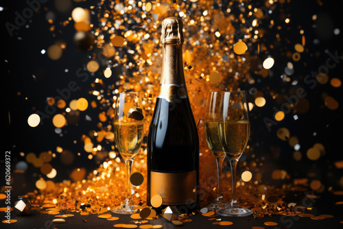 Celebration-themed background with a golden champagne bottle, confetti stars, and party streamers. Suitable for Christmas, birthday, or wedding concepts. Flat lay composition. Generative Ai, Ai.