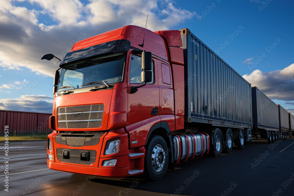 Containers yard with container truck on a blue sky background, symbolizing global business logistics and cargo transportation. Generative Ai, Ai.