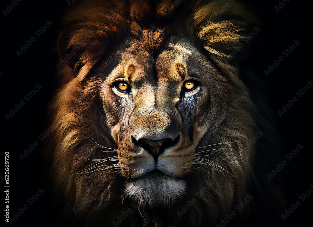 Fototapeta premium Lunar Majesty: Enhanced Lion Head on Black Canvas