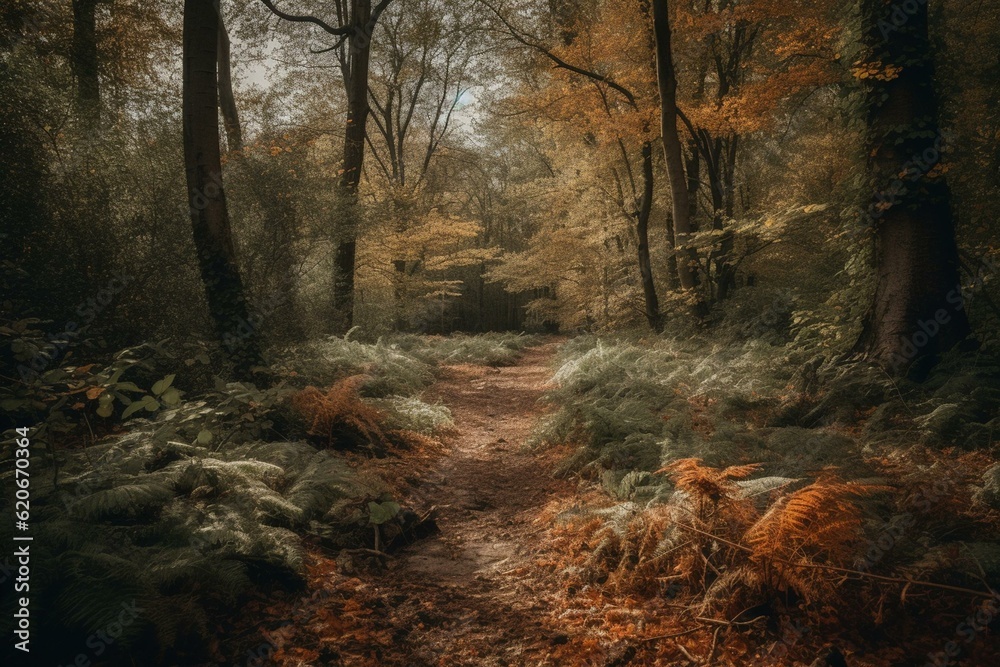 Obraz premium A stroll in fall through Delamere Woodland, Cheshire. Generative AI