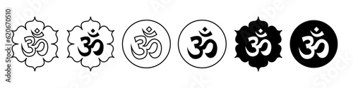 Om ohm Zen icon set. Collection of symbol of wellness mantra chant. Vector sign of god spirituality in asian india hindu. Round emblem badge of mystic shiva meditation yoga illustration web app ui use