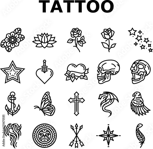 tattoo art rose vintage style icons set vector. flower retro, drawing ink, old traditional, american anchor, skull woman tattoo art rose vintage style black contour illustrations