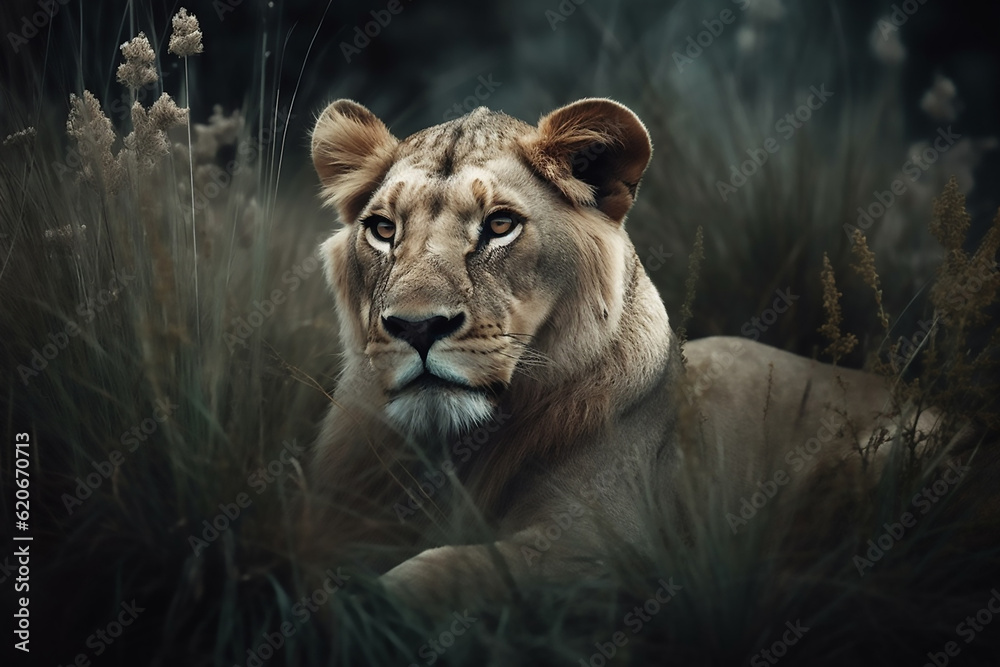 Naklejka premium Savanna Serenity: Capturing the Serene Lioness in Nature