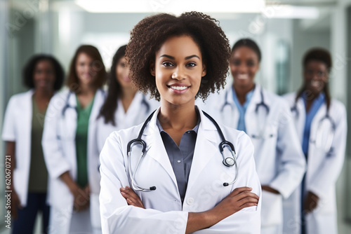 Canvas Print Young female doctor smiling while standing in a hospital corridor with a diverse group of staff in the background,  Created using generative AI tools