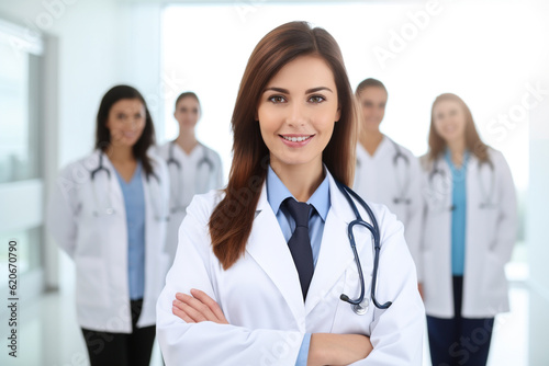 Young female doctor smiling while standing in a hospital corridor with a diverse group of staff in the background   Created using generative AI tools.