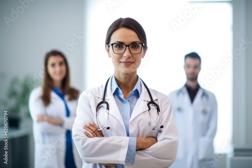 Young female doctor smiling while standing in a hospital corridor with a diverse group of staff in the background   Created using generative AI tools.