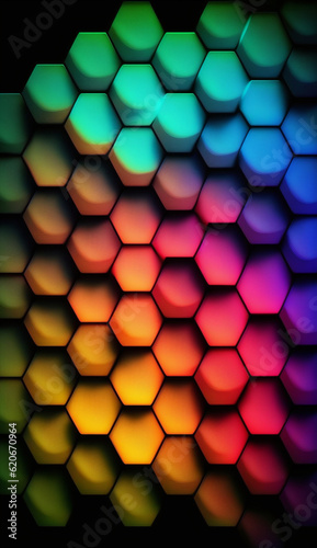 Closeup honeycomb grid texture with multi coloured neon light. Red and dark metal hexagon shaped pattern abstract background. equipment. Metal honeycomb, Created using generative AI tools.