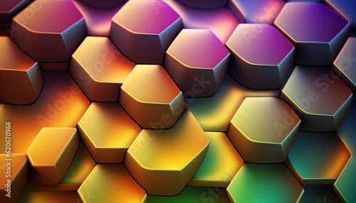 Closeup honeycomb grid texture with multi coloured neon light. Red and dark metal hexagon shaped pattern abstract background. Light modifier equipment. Metal honeycomb,  photo