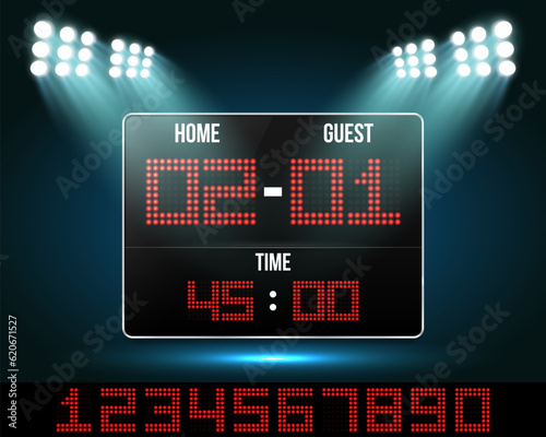Football digital scoreboard with time and result display. Sport template for your design. Vector illustration.