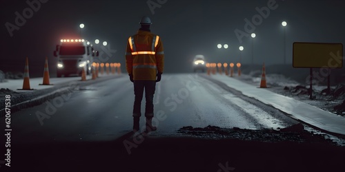 worker checks resurfacing work on highway at night