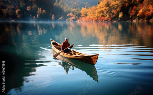 Fotografiet Person rowing on a calm lake in autumn, small boat with serene water around