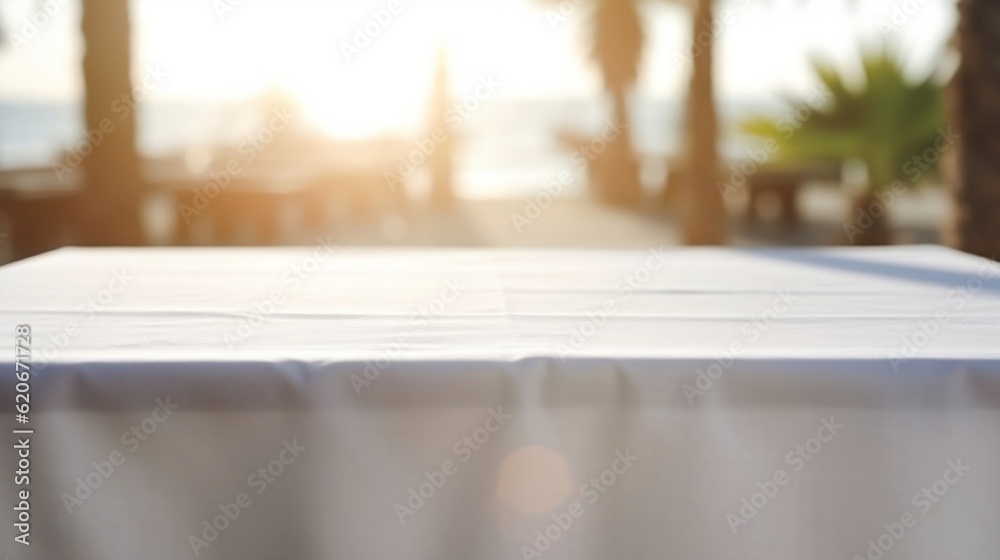 Empty wooden table with white tablecloth for product display on sea beach blurred background. Ai generative Empty wooden table with white tablecloth for product display on sea beach blurred background. Ai generative