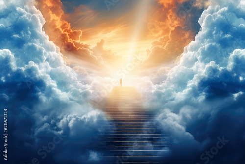 Canvas-taulu Stairway to heaven, stone staircase leading to orange yellow glow in distance, small person silhouette at end of stairs, clouds around
