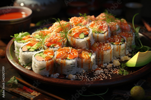 Sushi roll filled with succulent salmon and shrimp tempura. Generative Ai.