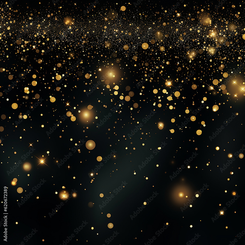 Black background with falling golden glitter sparkles, illustration 