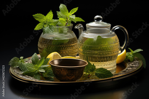 Refreshing mint tea set against a dark background, inviting relaxation and tranquility. Generative Ai.
