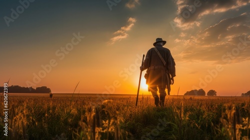 Fotografia Farmer works in boots, field with young green sprouts