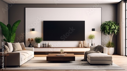 Big Tv with blank screen ready for mock up in a living room. Modern living room decor with a tv cabinet, Bright color, ultra realistic.