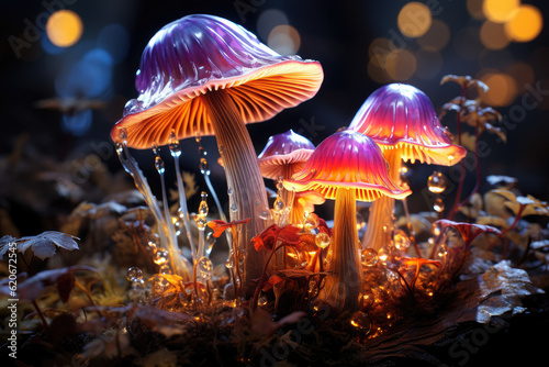 Neon mushrooms exuding an aura of magic and enchantment. Generative Ai.