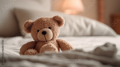 Teddy bear on bed. Cozy and soft teddy bear lying on the bed. Lonely teddy bear sitting alone on bed, lonely concept. 