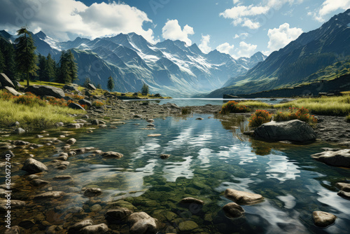 Serene lake nestled amidst mountains, with clouds partially concealing the peaks. Generative Ai. © Sebastian