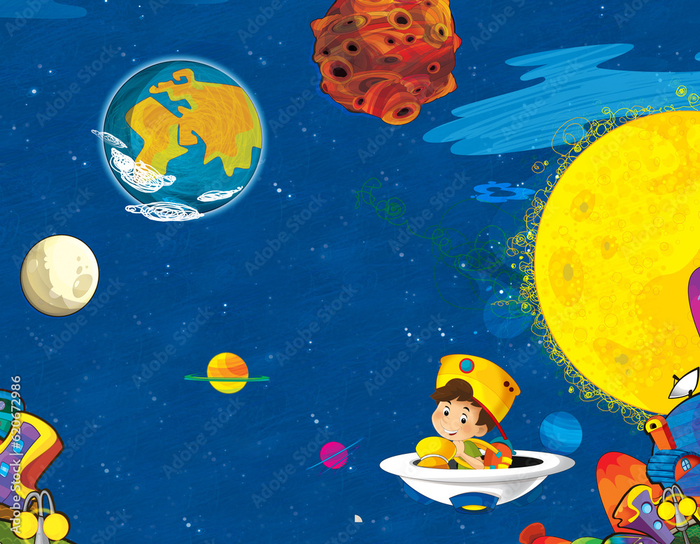 Naklejka premium Cartoon funny colorful scene of cosmos galactic alien ufo isolated illustration for children