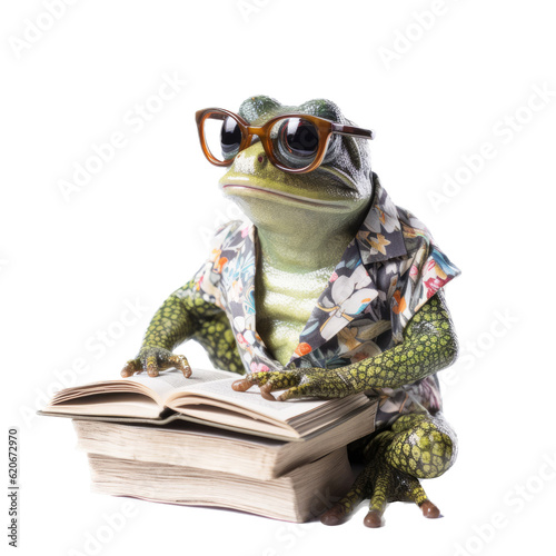a studious Frog, reading a book, educating himself, School-themed, photorealistic illustration in a PNG, cutout, and isolated. Generative AI