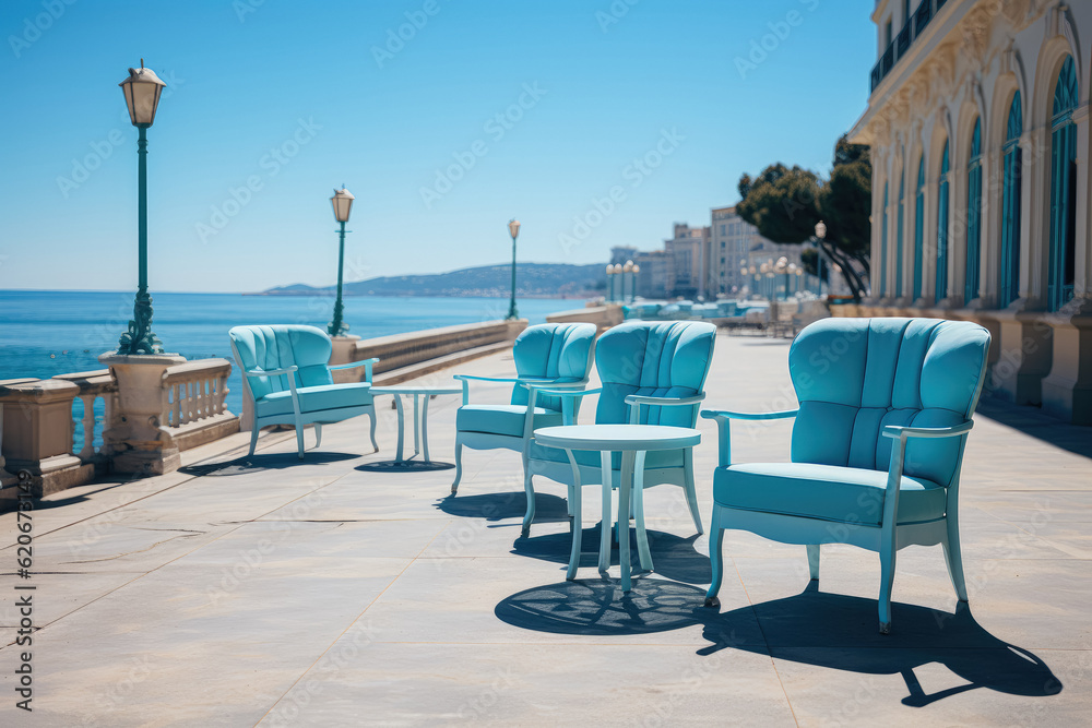 Collection of blue chairs arranged along the boulevard by the beach, inviting relaxation and leisure. Generative Ai.