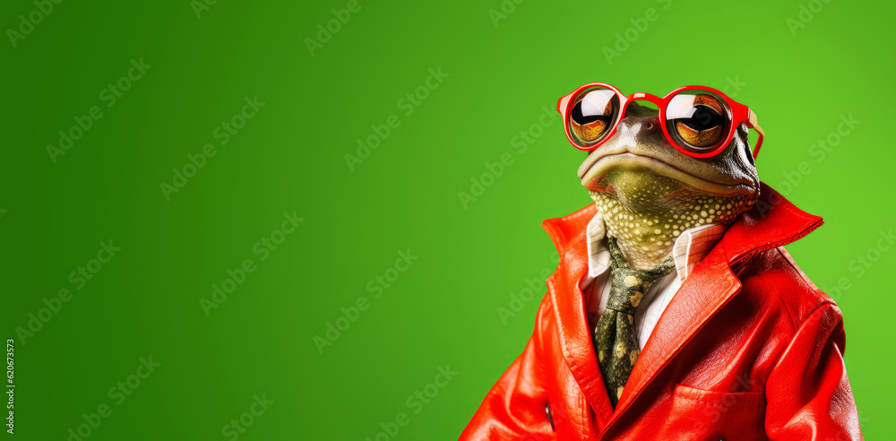 Cool looking frog wearing funky fashion dress - jacket, tie, glasses ...