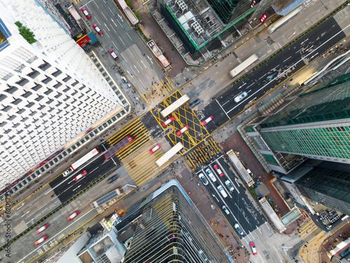 Photography Cityscape skyscraper buildings, car traffic transport on road in Mong Kok town district, Hong Kong downtown