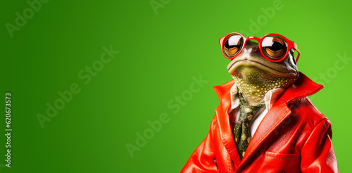 Cool looking frog wearing funky fashion dress - jacket, tie, glasses. Wide banner with space for text left side. Stylish animal posing as supermodel. Generative AI photo