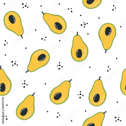 Seamless vector pattern. Juicy avocados and hearts. Pattern on white background. Vector illustration