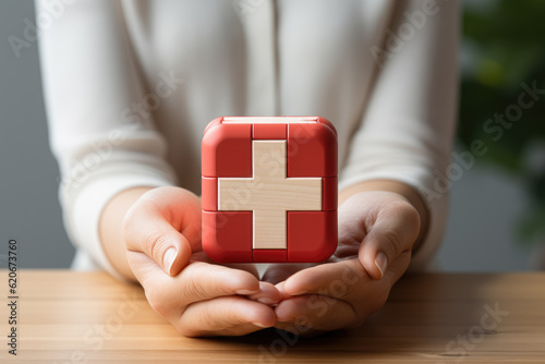 Conceptual image illustrating the importance of health insurance, with a hand holding a wooden block featuring a healthcare medical icon. Generative Ai.