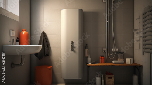 White Electric storage water heater with Modern Bathroom In Private House. Hi-Tech Capillary Thermostat. Safe, Environment Friendly system. Smart home. Horizontal. AI Generated. photo