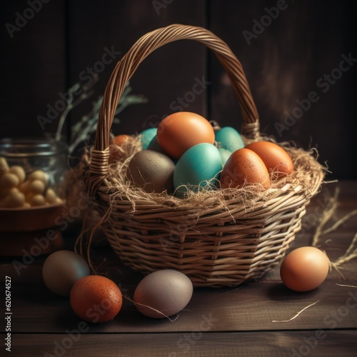 Congratulatory Easter background. Easter eggs in a wicker basket on a wooden table.Generative AI