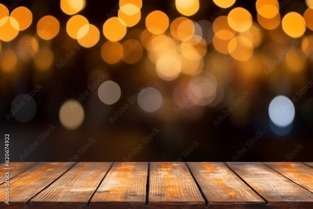 Empty Wooden Table Platform and Bokeh at Night - Created with Generative AI Tools