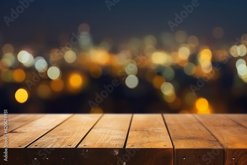 Empty Wooden Table Platform and Bokeh at Night - Created with Generative AI Tools © ThePixelCraft