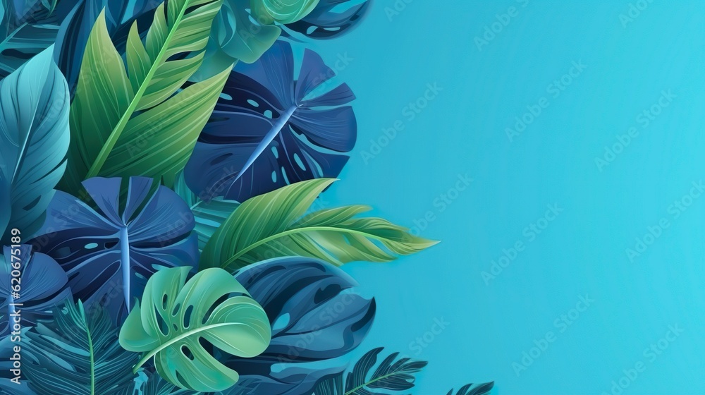 Collection of tropical leaves, foliage plant in blue color with space background blue art