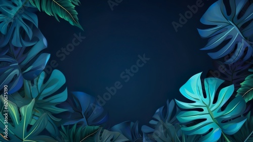 Collection of tropical leaves, foliage plant in blue color with space background blue art