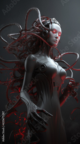 Scary cyberpunk cyborg medusa. Female android with a metal frame and crimson tendrils. Created with Generative AI. © Inspired