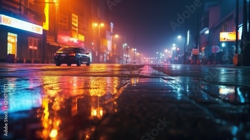 Multi-colored neon lights on a dark city street, reflection of neon light in puddles and water. Abstract night background, blurred bokeh light. Night view colorful © Damerfie